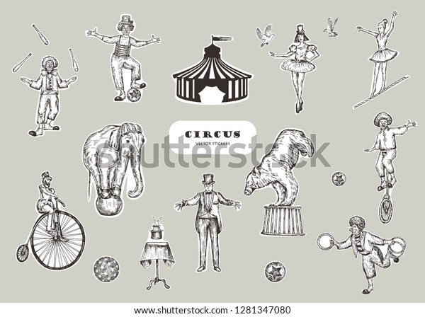 レトロなサーカスパフォーマンスセットのスケッチスタイルベクターイラスト 手描きの模倣 人間と動物 ステッカーのデザイン のベクター画像素材 ロイヤリティフリー 1281347080