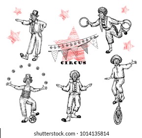 Retro circus performance . Sketch stile vector illustration. Hand drawn imitation. Clowns set. Vector objects.