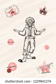 Retro circus performance . Sketch stile vector illustration. Hand drawn imitation. Clown and emblemes. Vector objects.