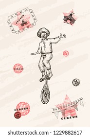 Retro circus performance . Sketch stile vector illustration. Hand drawn imitation. Clown and emblemes. Vector objects.