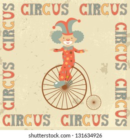 Retro circus poster with clown on retro bicycle