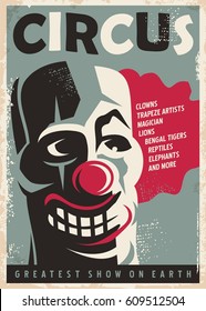Retro circus poster design template with clown portrait. Vintage style vector illustration.