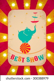 Retro circus poster with elephant on ball