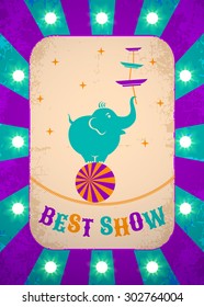 Retro circus poster with elephant on ball