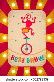 Retro circus poster with monkey on bicycle 