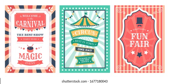 Retro circus poster. Vintage circus carnival show invitation, holiday party flyer templates, magic circus event elements vector illustration set. Magic circus festival, invitation to carnival card