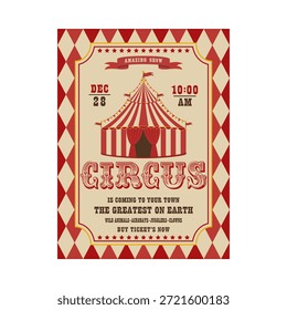 Retro Zirkus zeigen Plakat-Design mit einem gestreiften großen Top-Zelt, dekorative Typografie und Harlekin-Rahmen.