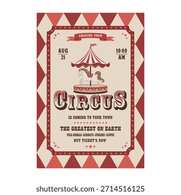 Plantilla de cartel de espectáculo de circo retro con un caballo de carrusel clásico, tipografía vintage y fondo de patrón de diamante.