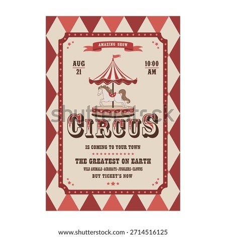 Retro circus show poster template with a classic carousel horse, vintage typography, and diamond pattern background.