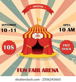 Retro Circus tent with flag. Carnival. Vector illustration