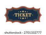 Retro circus ticket in gold and dark blue. Vintage circus style vector template for posters, party invitations, and fair promotions.
