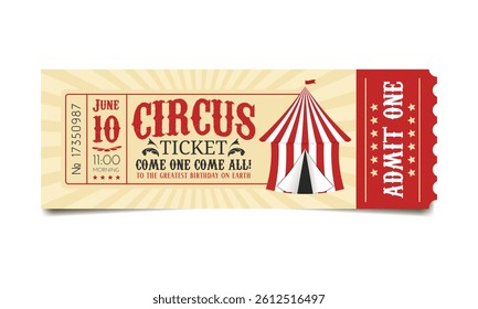 retro circus ticket in red and yellow colors, vintage event pass