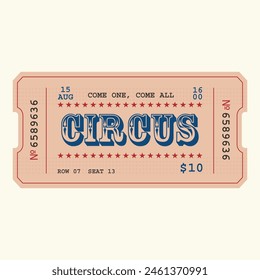 Retro circus ticket template. Admit one. Vector illustration