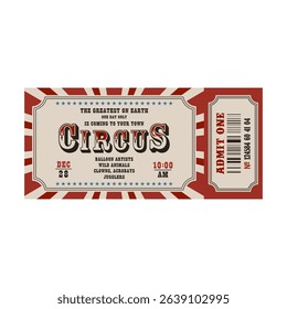 Retro circus ticket template. Admit one. Vector illustration