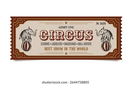 retro circus ticket template with elephants on a ball in red and yellow colors