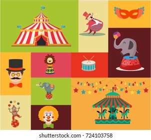 Retro circus vector. Elephants, lions, clown, tents