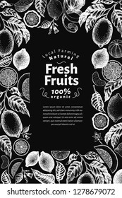 Retro citrus banner template. Lemon tree design. Hand drawn vector fruit illustration on chalk board. Engraved vintage style menu cover.