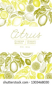 Retro citrus banner template. Lemon tree design. Hand drawn vector fruit illustration. Engraved vintage style menu cover.