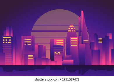 Retro City Artistic vector illustration with tall buildings and many decorations. Silhouettes of buildings, a variety of shapes and sizes, and solid color outlines on a purple background.