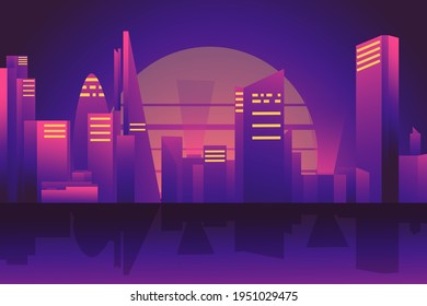 Retro City Artistic vector illustration with tall buildings and many decorations. Silhouettes of buildings, a variety of shapes and sizes, and solid color outlines on a purple background.