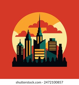 Retro City Background, vintage retro sunset vacation holiday⁠. vector illustration