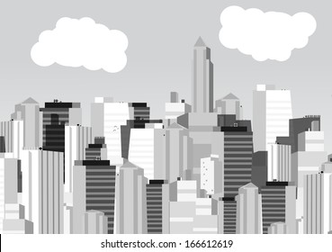 Retro City in Black and White Background - Vector Illustration