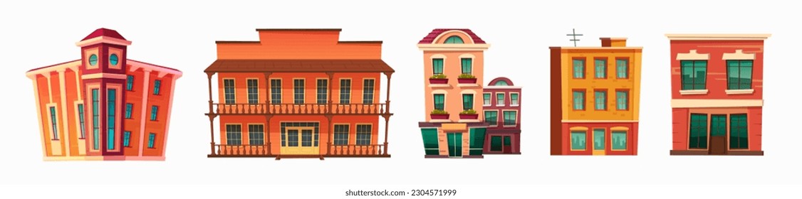 Retro city building vector cartoon house shop icon on white background. Urban office exterior front view set. Hotel business and store office cityscape object. Barber window with vintage window