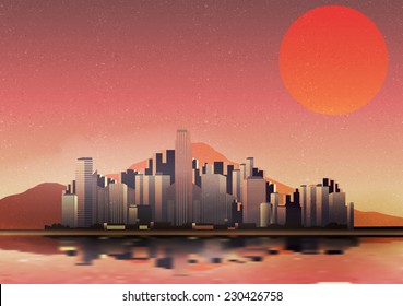 Retro-Stadt in der Wüste mit Reflexionshintergrund - Vektorgrafik