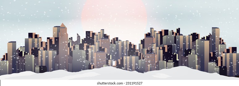 Retro City during Winter Background - Vector Illustration