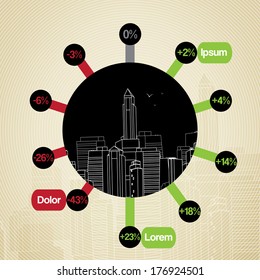 Retro City with Infographic  - Vector Illustration
