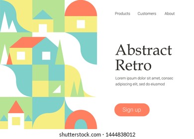 Retro city landscape design. Landing page template with houses geometric pattern. Colorful houses, trees and orher shapes. Vector illustration.