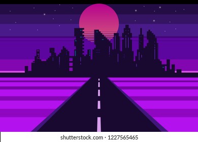 Retro city landscape, futuristic background, vector illustration