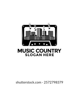 Retro City Music logo template. Country and Cassette tape logo vector illustration. Vintage Music logo design