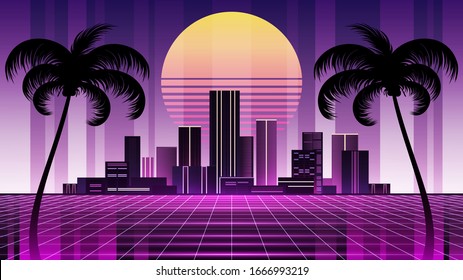 Retro city, neon retrowave vector background.