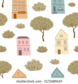 retro city seamless pattern, town street digital paper, houses with trees vector illustration, retro groovy hippie background clipart
