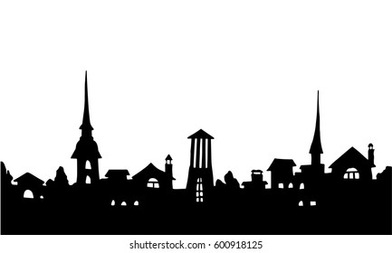 Retro city silhouette, hand drawn vector illustration