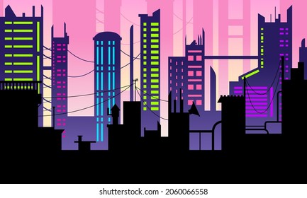 Retro City Silhoutte Background With Building In The Downtown, A View At Evening, , Light, Concept, Skyline Pink