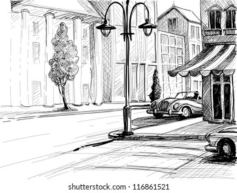 Retro city sketch, street, buildings and old cars vector illustration, pencil on paper style