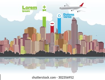 Retro City Skyline with Reflection Background and Infographic - Vector Illustration
