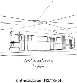Retro city tram - hand drawn B&W vector illustration