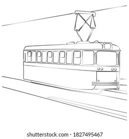 Retro city tram - hand drawn B&W vector illustration