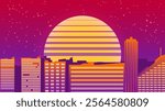  Retro City Vibe Synthwave Vector With Neo Cities, Evening Sun Background, can be used for shirt, frame, wallpaper. Vector EPS 10