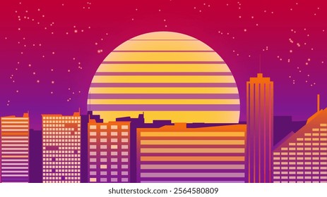  Retro City Vibe Synthwave Vector With Neo Cities, Evening Sun Background, can be used for shirt, frame, wallpaper. Vector EPS 10