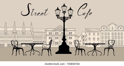 Retro city view. Cityscape with building facade. Street cafe design elements with lettering