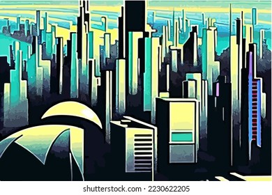 Retro Cityscape Illustration Vector Cartoon Drawing