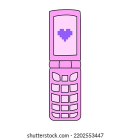 Retro clamshell phone in retrowave aesthetic. Pixel purple heart. Flip phone. Vector nostalgic illustration in y2k, 00s, 90s concept