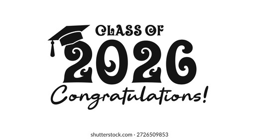 Retro Klasse von 2026 Graduierung Typografie mit Mörtelplatte Kappe.
