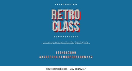 Anuncio publicitario de Vector de clase retro Classic Cuisine. Fuente 3D moderna. Conjunto de letras y números de alfabeto brillante.