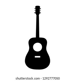 Retro classic acoustic guitar black silhouette isolated on white background. Vintage style strings musical instrument for playing music. Simple musician icon logo design, vector eps 10