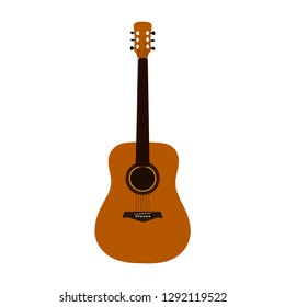 Retro classic acoustic guitar isolated on white background. Vintage style strings musical instrument for playing music. Simple musician icon logo design, vector eps 10